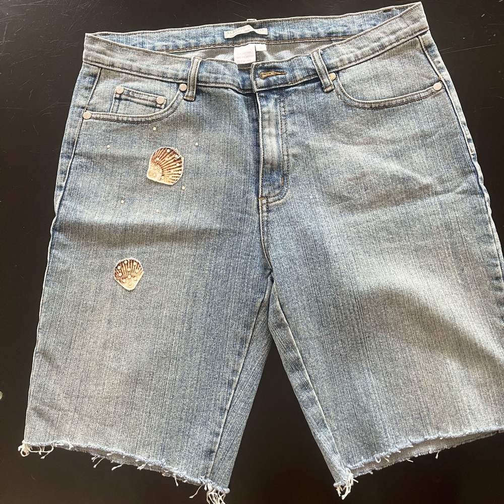 Alberto Makali embellished denim fringe short. rhinestone and embellishments.